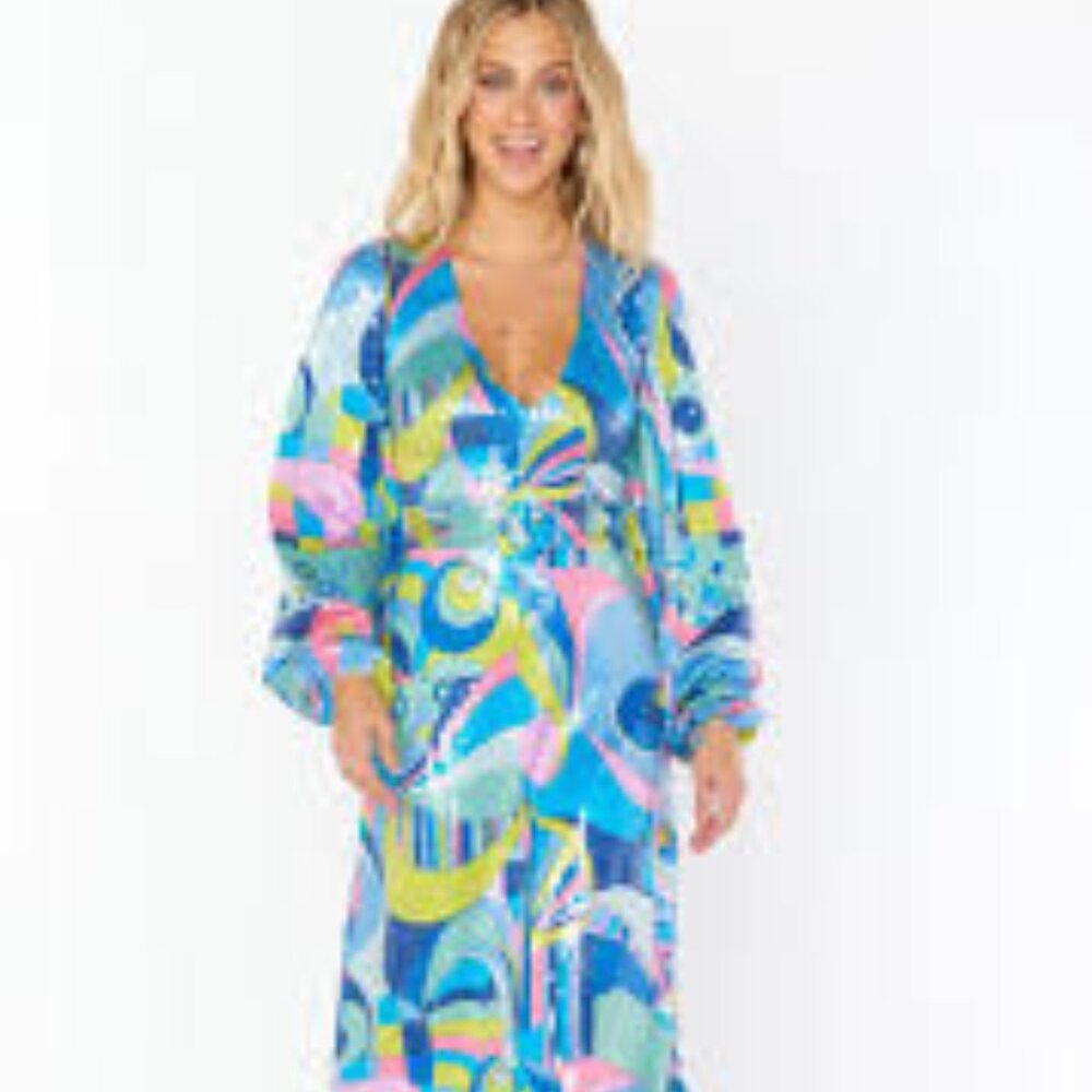 Show me Your Mumu graphic Minelli sequin blue pink belt midi dress size XS